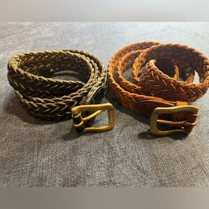 Vintage Braided Leather Woven Belts Black& Brown 1” Mens w/ Solid Brass Buckle.